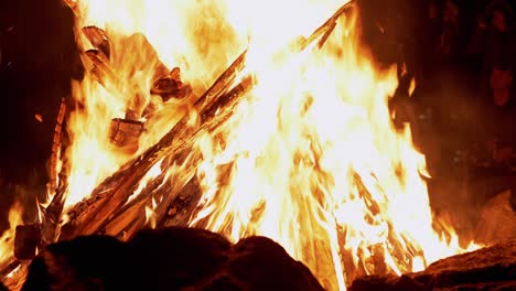 huevo ardiente brillante con leña caliente ardiente por la noche en el bosque. 4k