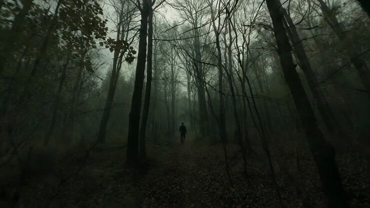 Walking lone figure in dark coat steadily receding into mist along narrow leaf-covered forest path