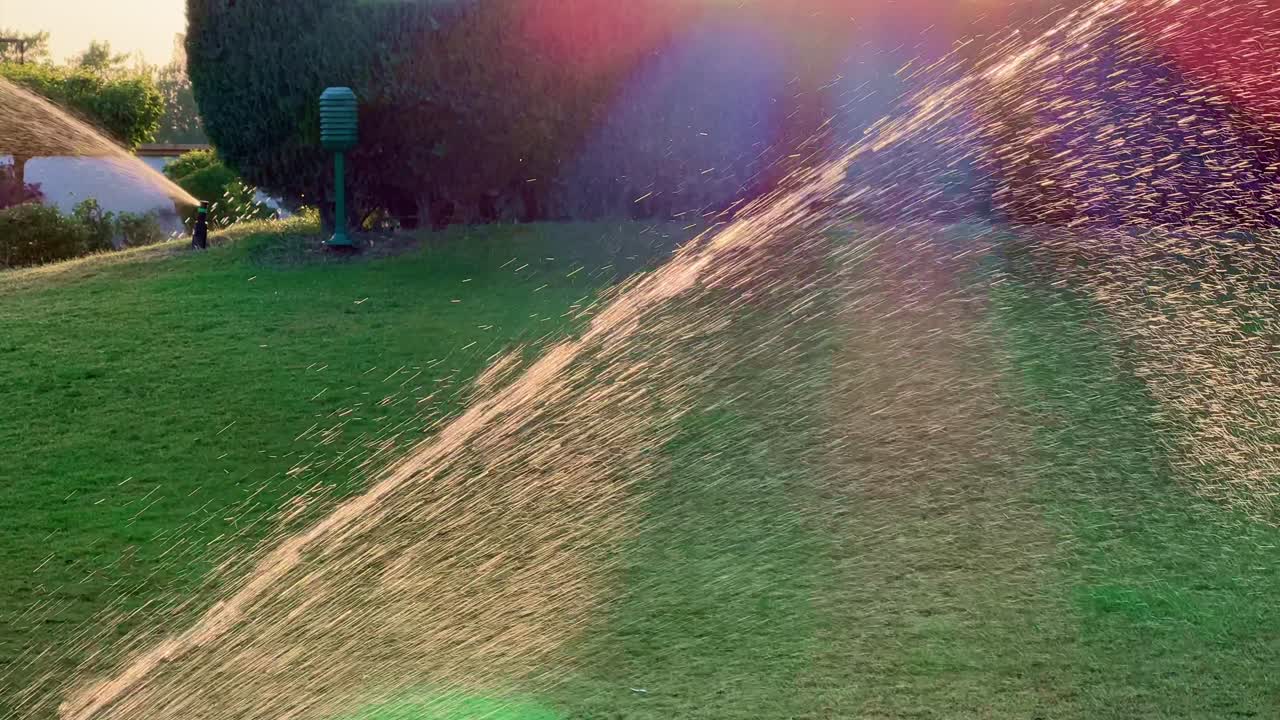 Close up of water sprayed in the garde by water sprinkler