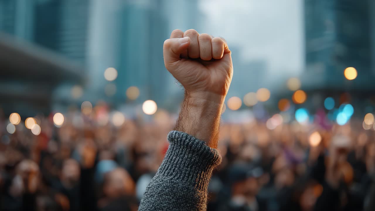 A Symbol of Unity and Resistance: The Raised Fist in a Sea of Supporters at a Rally Advocating for Change and Justice Amidst Urban Backdrop