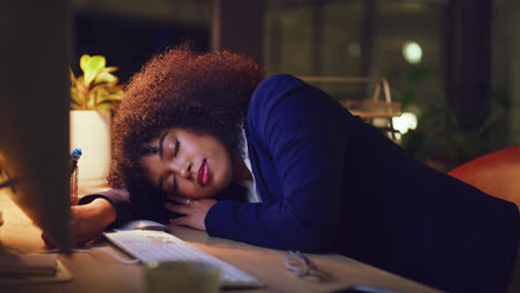 tired businesswoman sleeping in front of computer