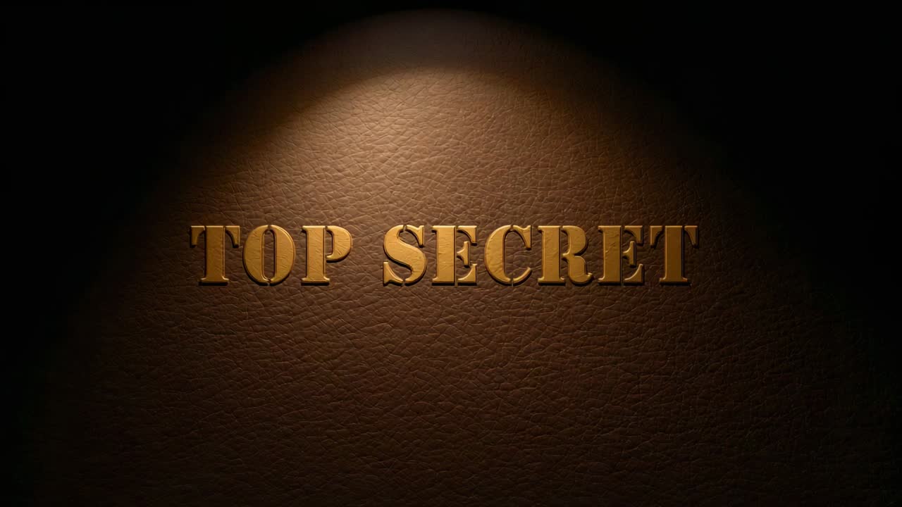 Widening, brightening spotlight revealing embossed gold TOP SECRET title on dark card, adding sheen