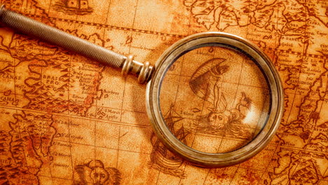 vintage magnifying glass lies on an ancient world map in 1565