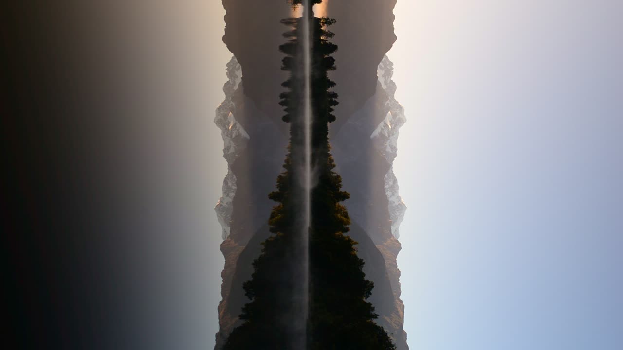 Misty, glowing sunrise over Lake Matheson on New Zealand's mountainous West Coast