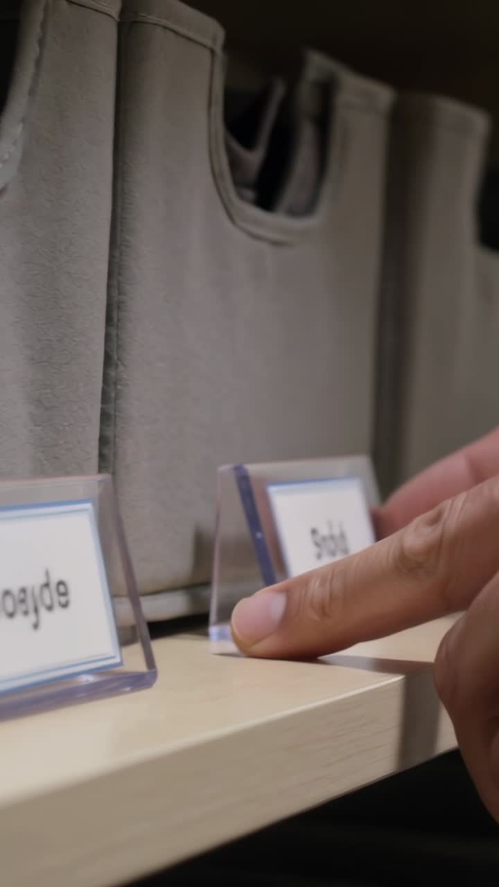 Vertical video: Entering frame, hand pinching label holders on shelf, checking labels, copy space