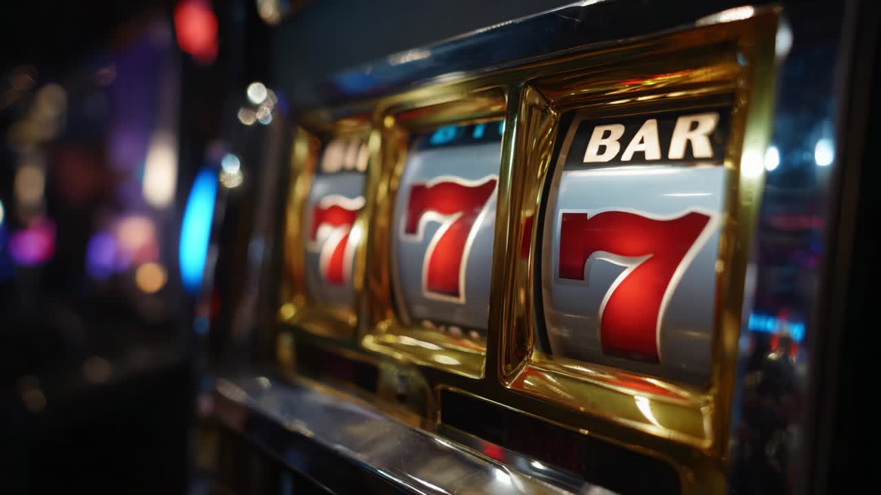 A Captivating Look at a Classic Slot Machine's Symbols with Multiple Winning Lines, Featuring the Iconic Lucky Seven and Bar Symbols Glimmering Under Slot Lights