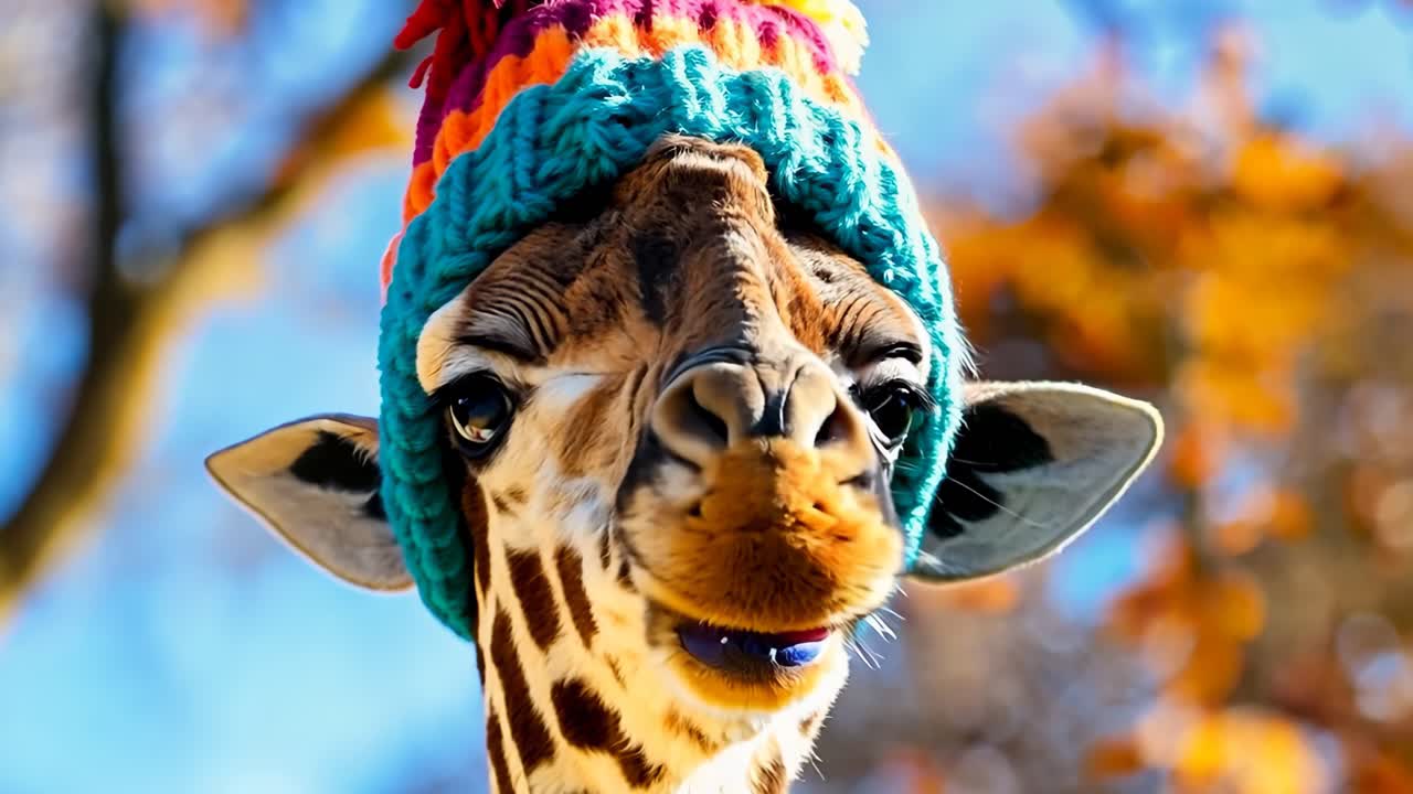 Una giraffa che indossa un cappello colorato con un cielo blu sullo sfondo.