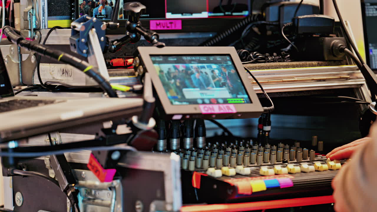 Cannes, France - February 15, 2025: Behind-the-scenes look of media production with professional equipment at a conference