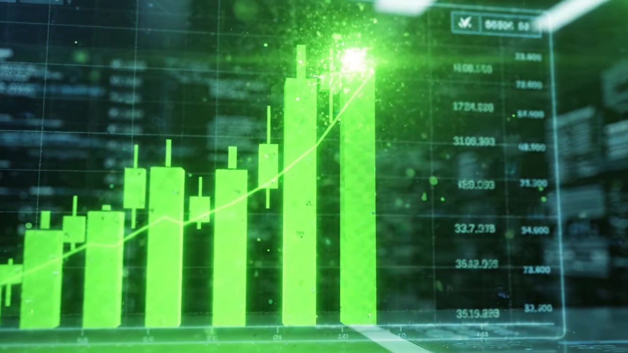 Visualizzazione della Crescita Finanziaria Attraverso Grafici a Candele Verdi che Illustrano Tendenze di Mercato e Analisi dei Dati in un Ambiente di Trading Digitale