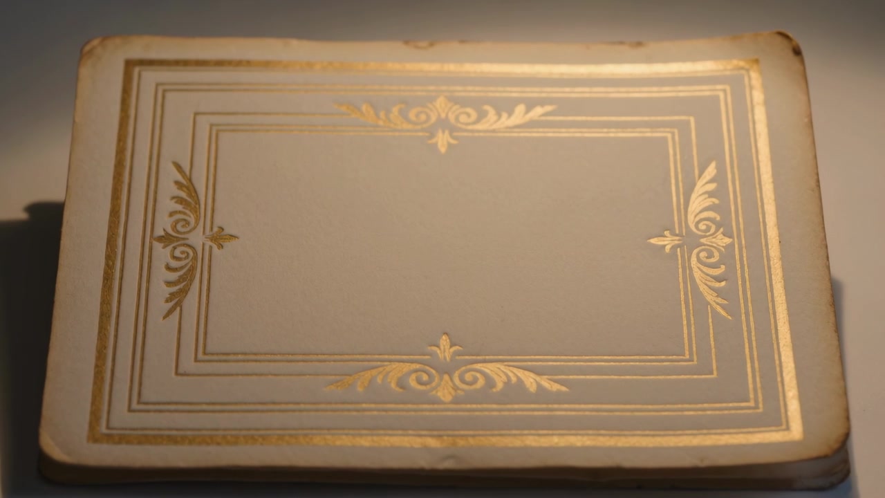 Inquadratura che si stringe attorno a un coperchio decorativo su un tavolo, lampada che si sposta per evidenziare il bordo in lamina d'oro
