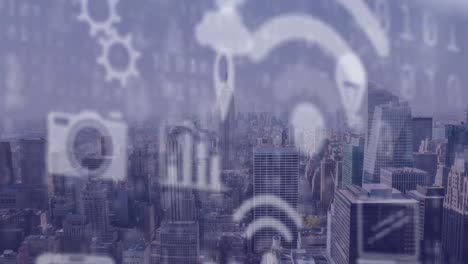 animación de iconos digitales en línea sobre el paisaje urbano