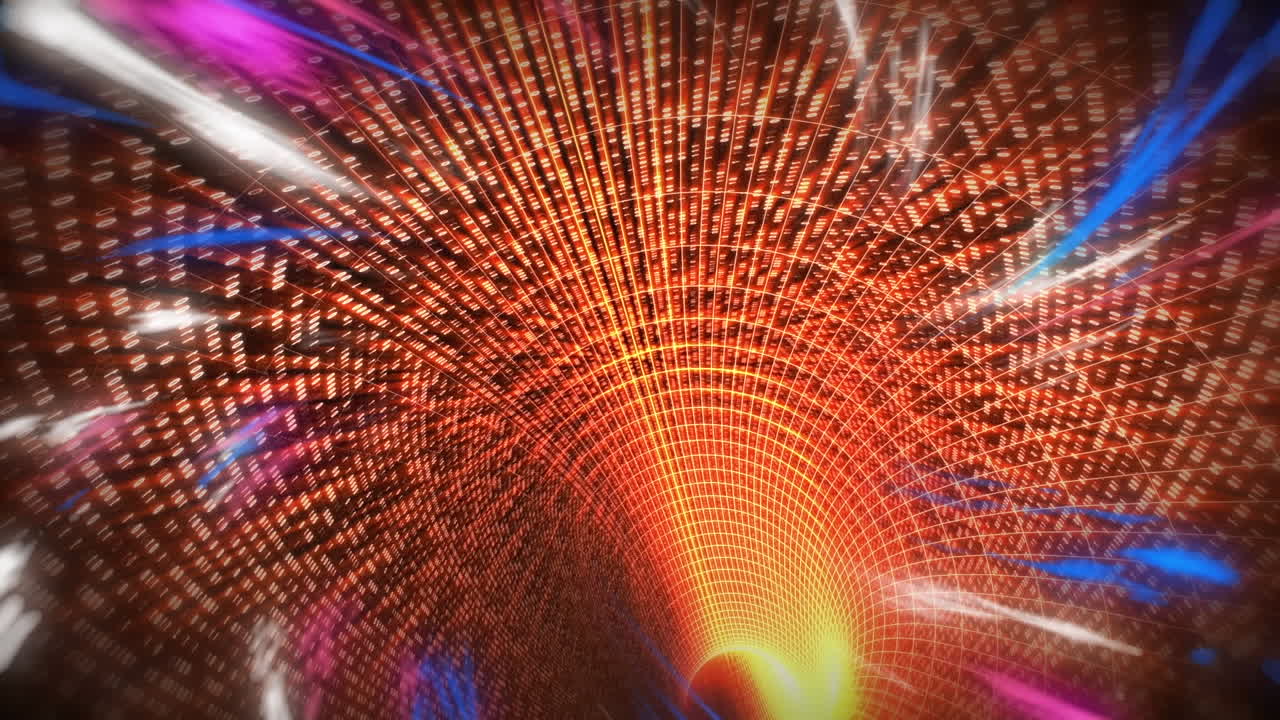 animazione digitale di onde digitali rosa e blu contro un tunnel digitale arancione su sfondo nero