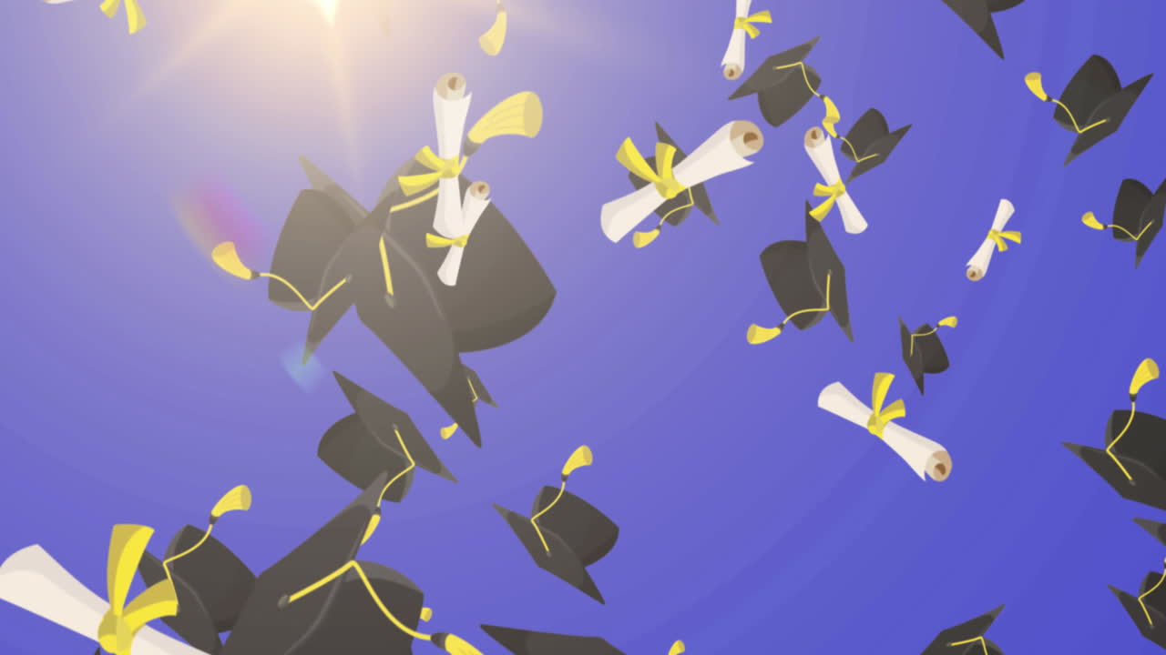 Multiple graduation hat and diploma icons falling against blue background