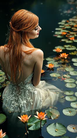 woman in elegant gown surrounded by water lilies in serene pond