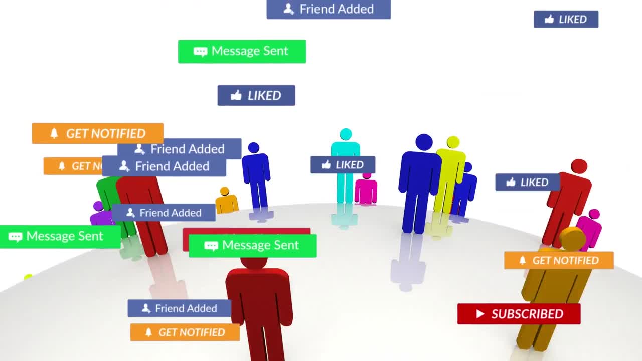 animación de textos de redes sociales sobre íconos de personas en fondo blanco