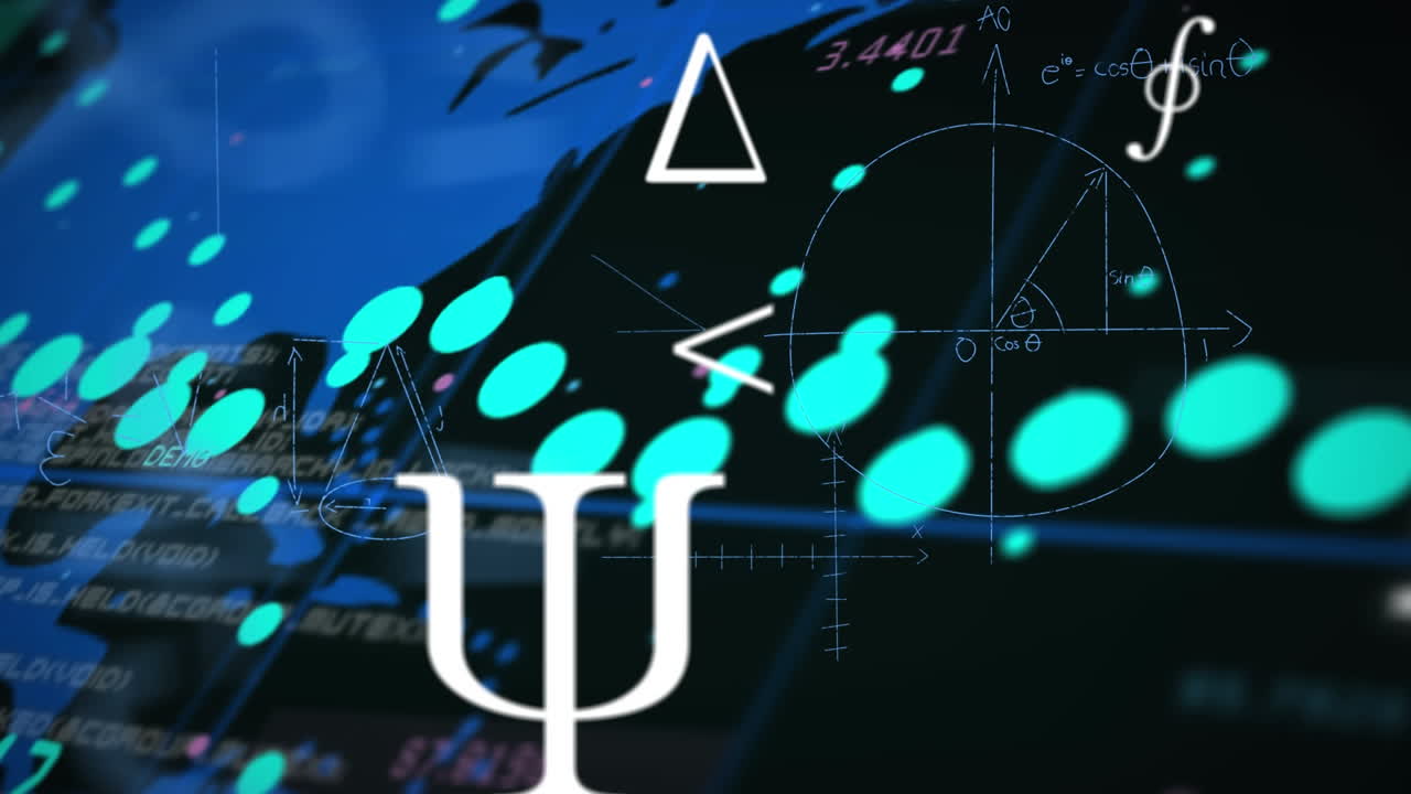 검은 바탕에 세계 지도 위에 떠다니는 수학적 방정식과 기호의 애니메이션