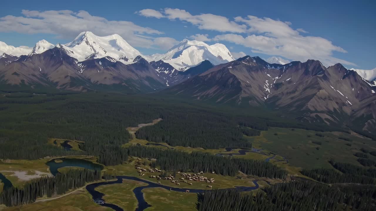Aerial video captures a vast landscape with winding rivers, dense forests, and majestic snow-capped