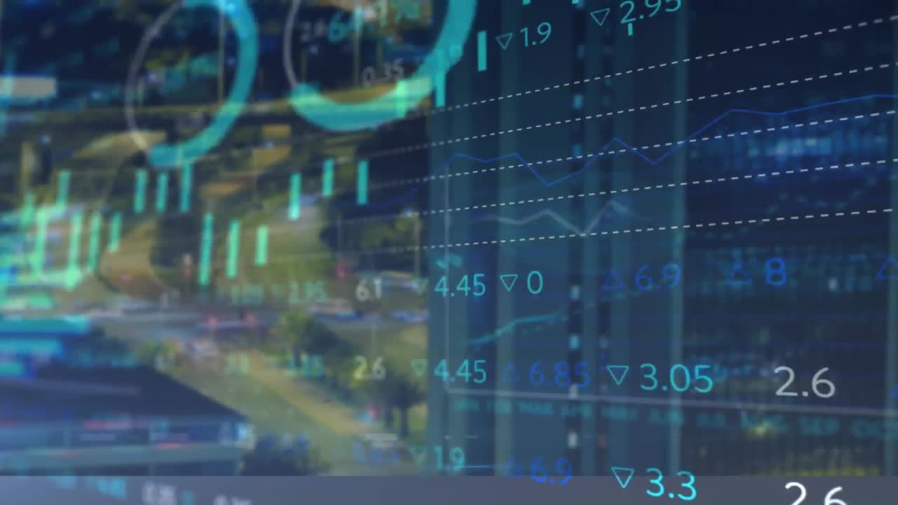 Animation of statistical and stock market data processing against aerial view of tall building
