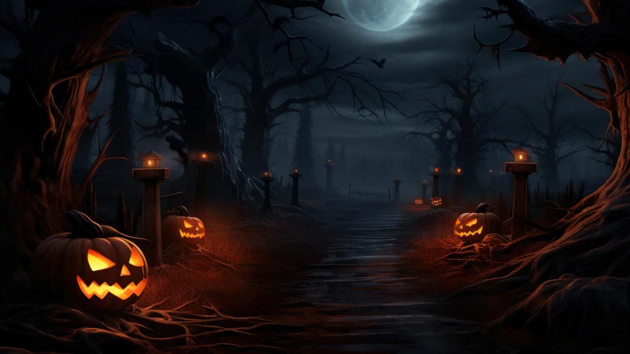 Eerie Halloween scene with glowing pumpkins, twisted trees, and a full moon
