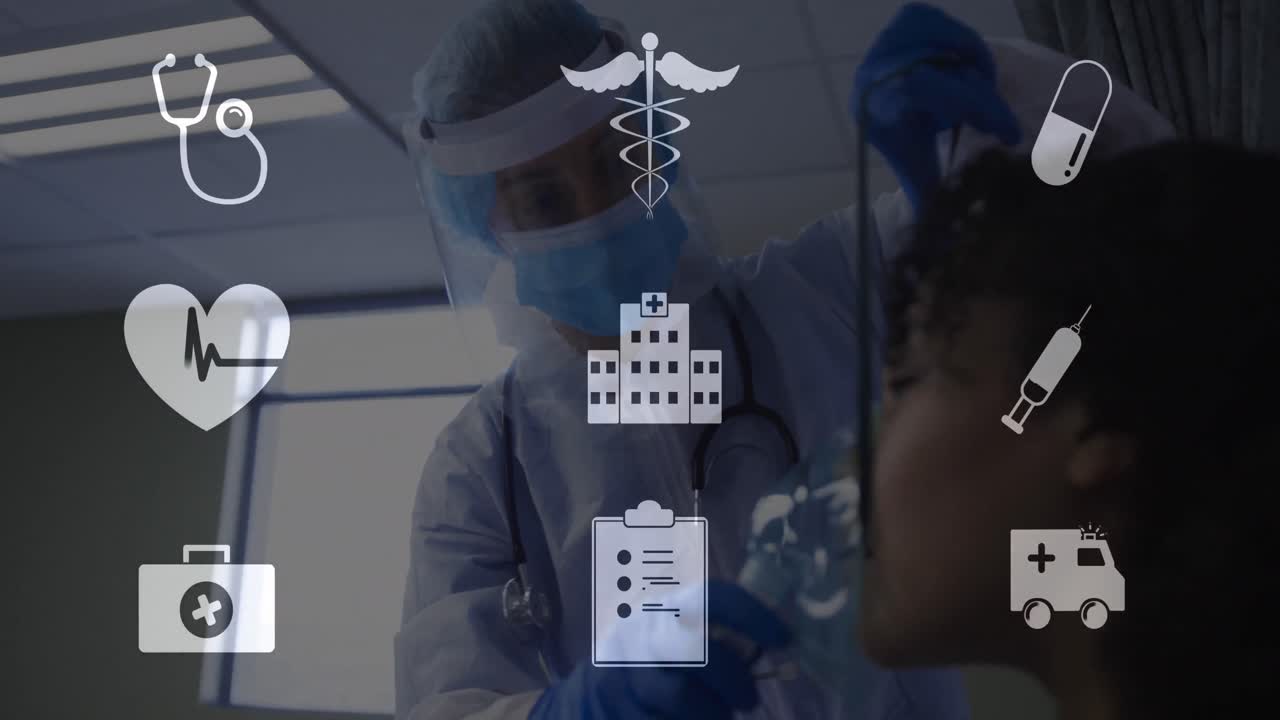 Animation of medical icons over caucasian female doctor and female patient