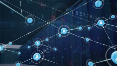 animation of network of connections with icons and data processing over server room