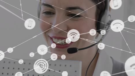 Animation-of-network-of-connections-and-icons-over-businesswoman-wearing-headset