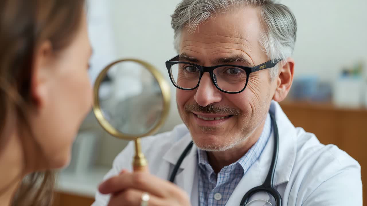 Raising brass magnifier, doctor in white coat examining patient's cheek in clinic with stethoscope