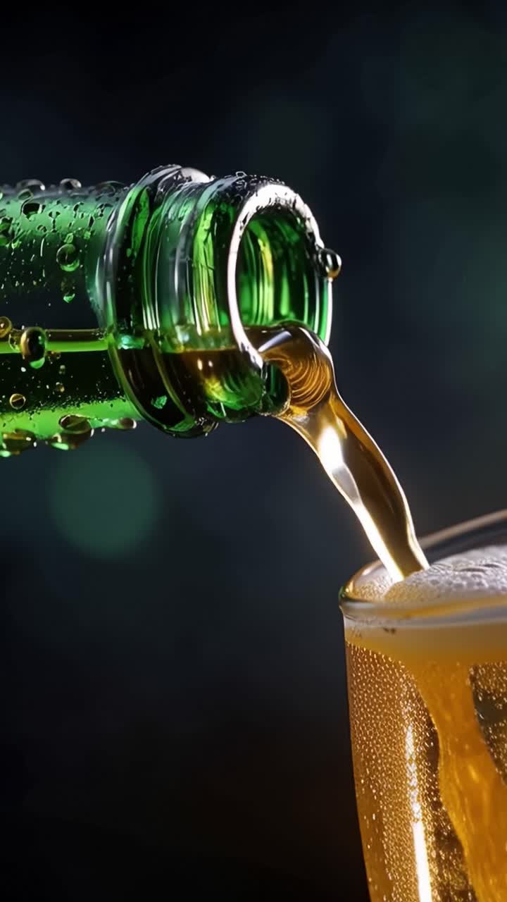 Forfriskende drik hældes fra en grøn flaske ned i et glas, der viser bobler og gylden væske mod en mørk baggrund.