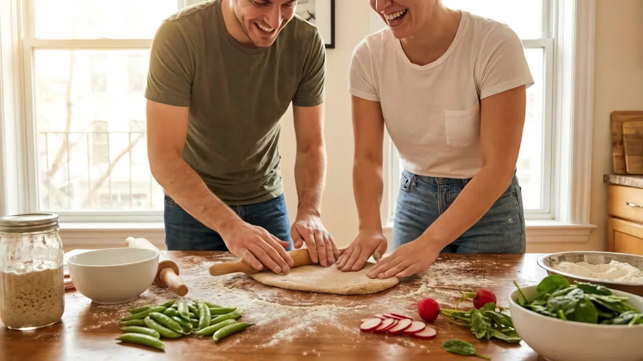Coppia che prepara insieme l’impasto della pizza