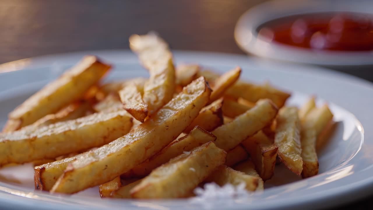 Close-up video of golden fries on a white plate with a blurred ketchup bowl in the background