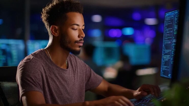 Focused Programmer in a Modern Workspace Analyzing Code on Multiple Screens, Displaying Data Analysis and Coding Skills in a Tech-Driven Environment