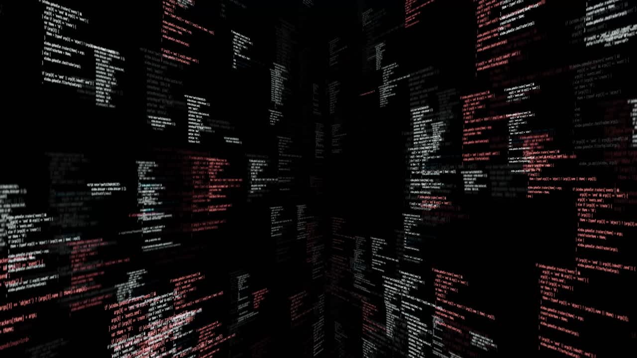 Source code walls on black loop background animation dive into cyberspace with walls of source code