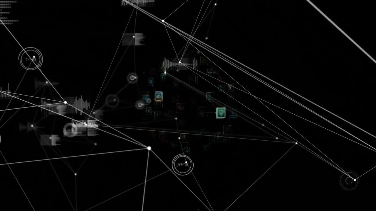 Animation of interconnected nodes and data visualizations on black background