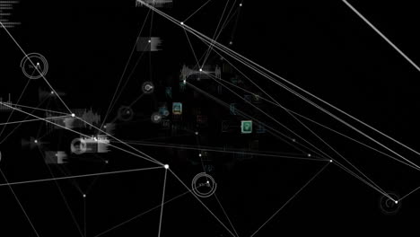 animation of interconnected nodes and data visualizations on black background