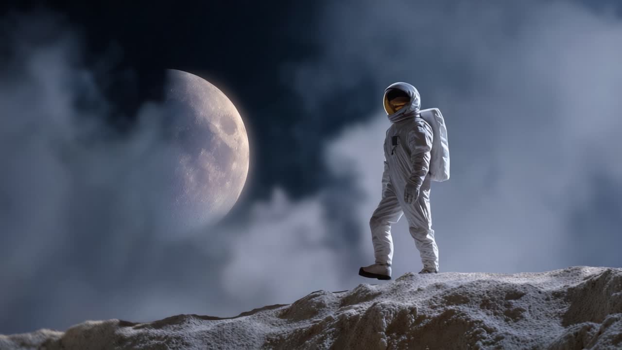 En astronaut udforsker et mystisk månelandskab om natten, med en levende måne der oplyser det unikke terræn og er indhyllet i tynde skyer