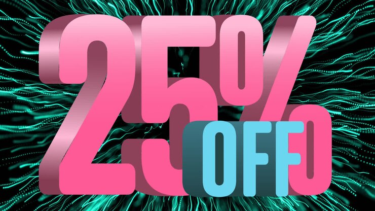Animazione di 25% di sconto su fuochi d'artificio su sfondo nero