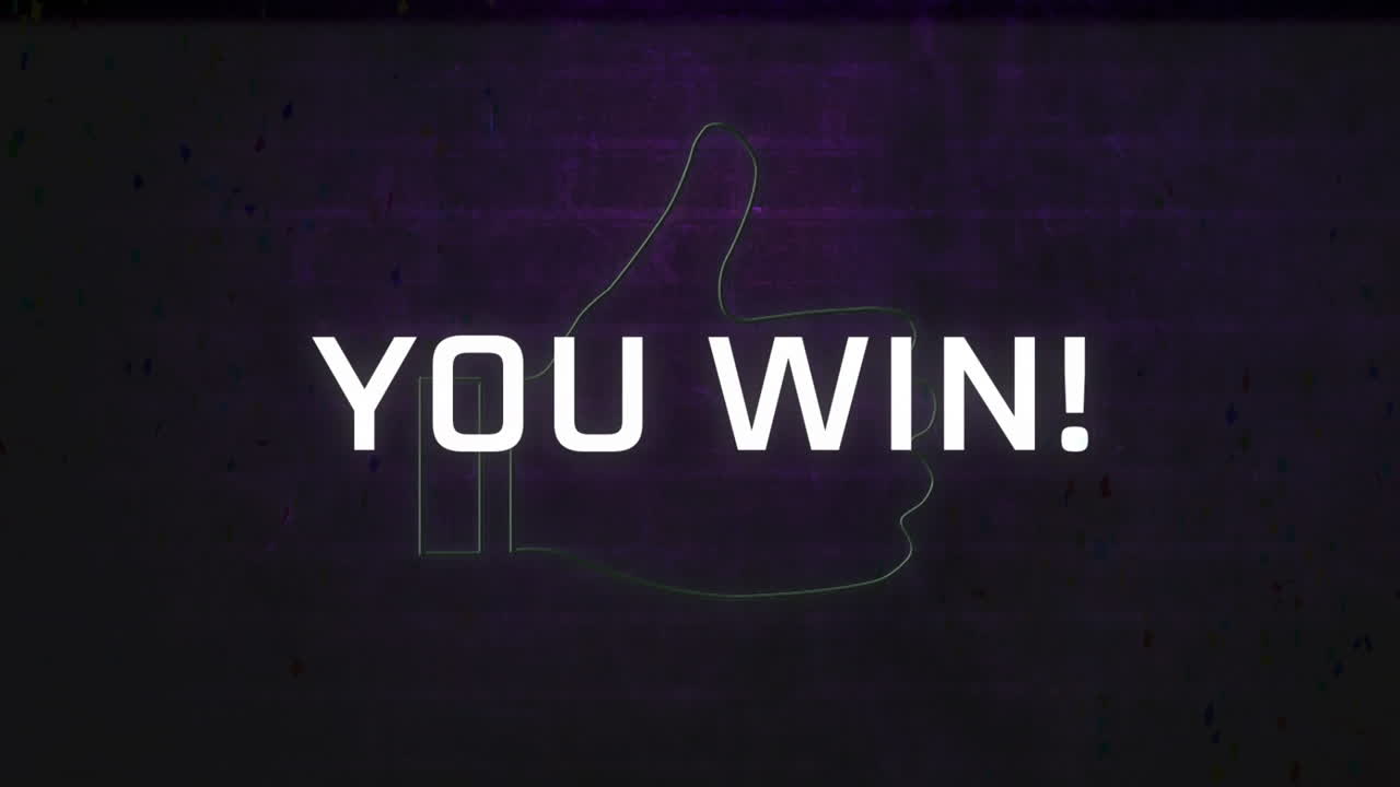 animación de efecto vhs sobre usted ganar texto pancarta y neón como icono contra el fondo de la pared de ladrillo