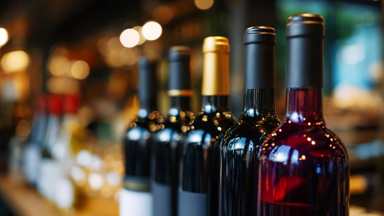 Un'invitante esposizione di eleganti bottiglie di vino mette in mostra una varietà di ricche tonalità e texture in un ambiente contemporaneo, perfetto per gli appassionati di vino per apprezzare ed esplorare l'arte della vinificazione di qualità