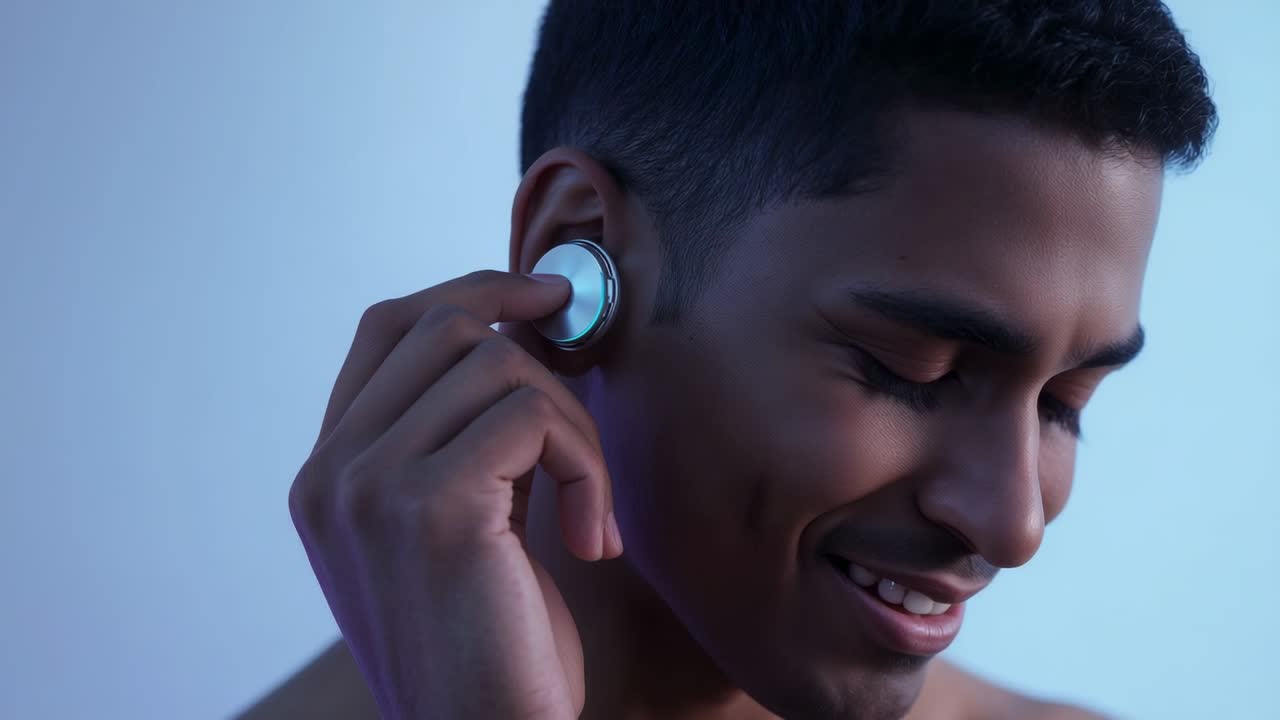 Uomo indiano a torso nudo che tocca e regola l'auricolare in studio, illuminando il LED rosa per l'audio