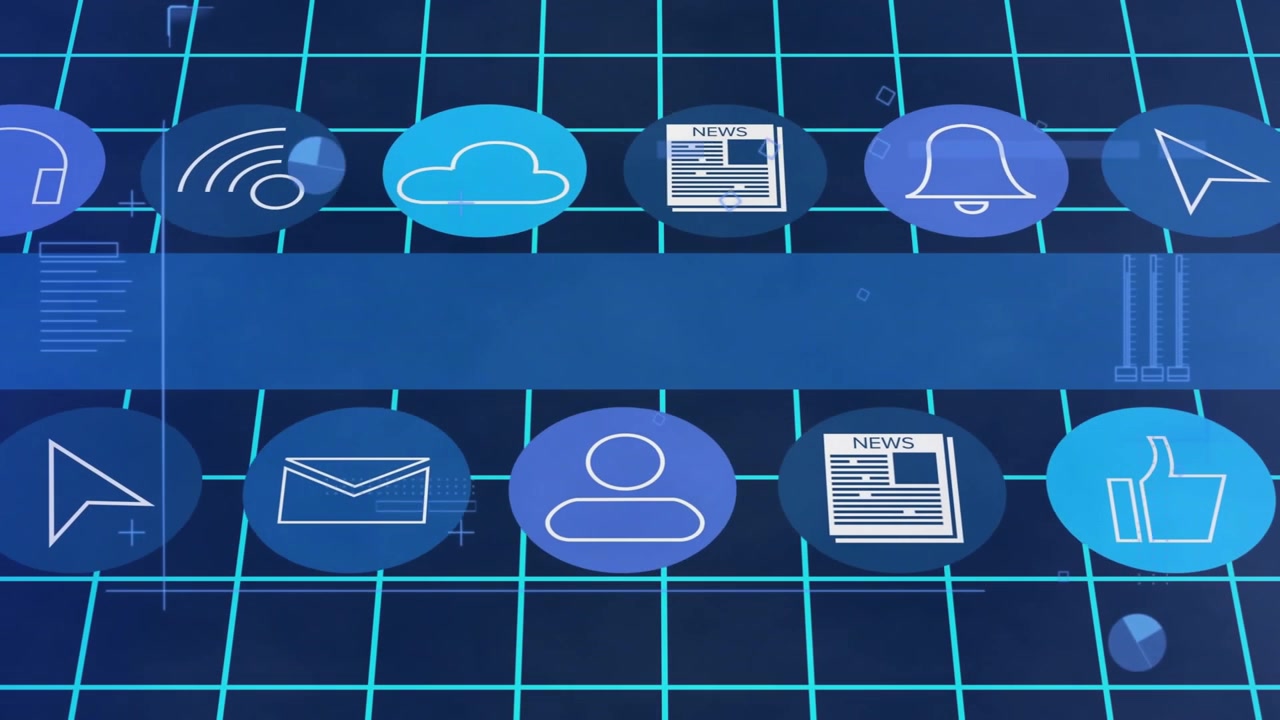 New icons entering right causing circular app rows shifting left on cyan grid, showing banner