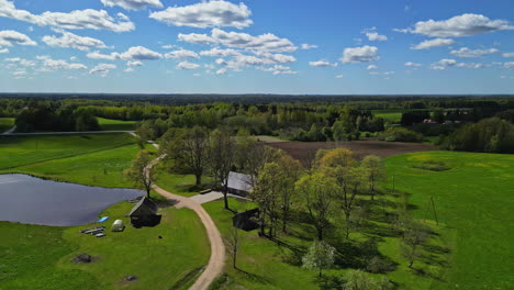 Small-farmhouse-with-lake-in-green-summer-landscape-panorama-in-Latvia,-aerial