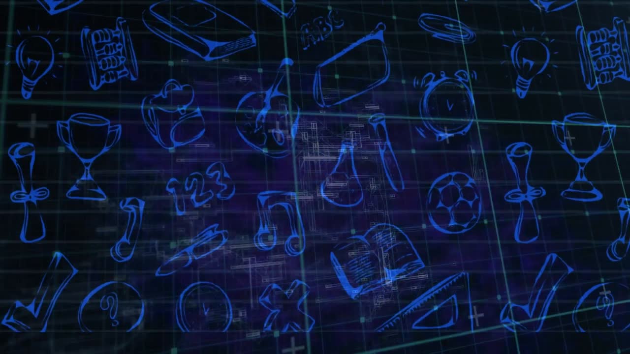 Animation of falling education icons over grid and blue background