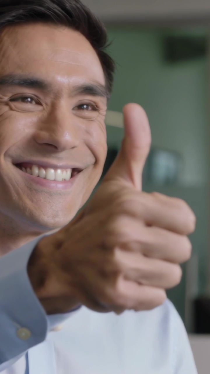 Video verticale: Uomo d'ufficio sorridente in camicia blu che alza la mano destra facendo un pollice in su in segno di approvazione.