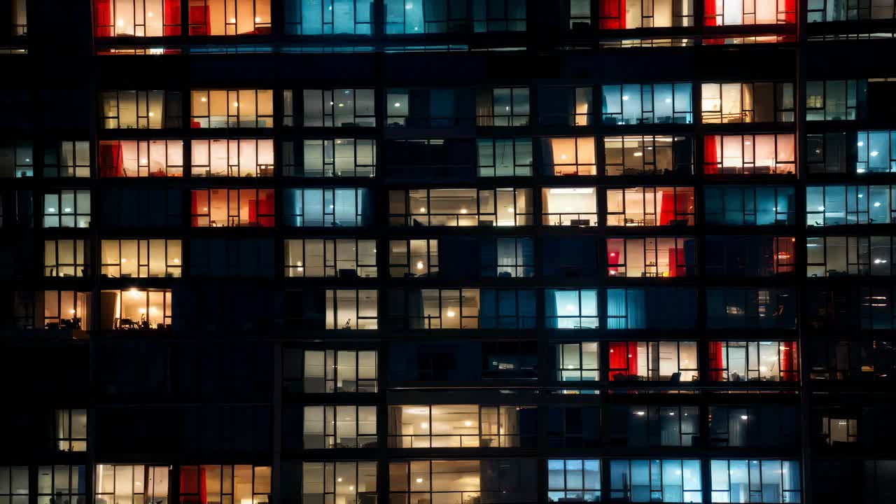 The video captures a vibrant cityscape at night, showcasing colorful apartment windows in a rhythmic
