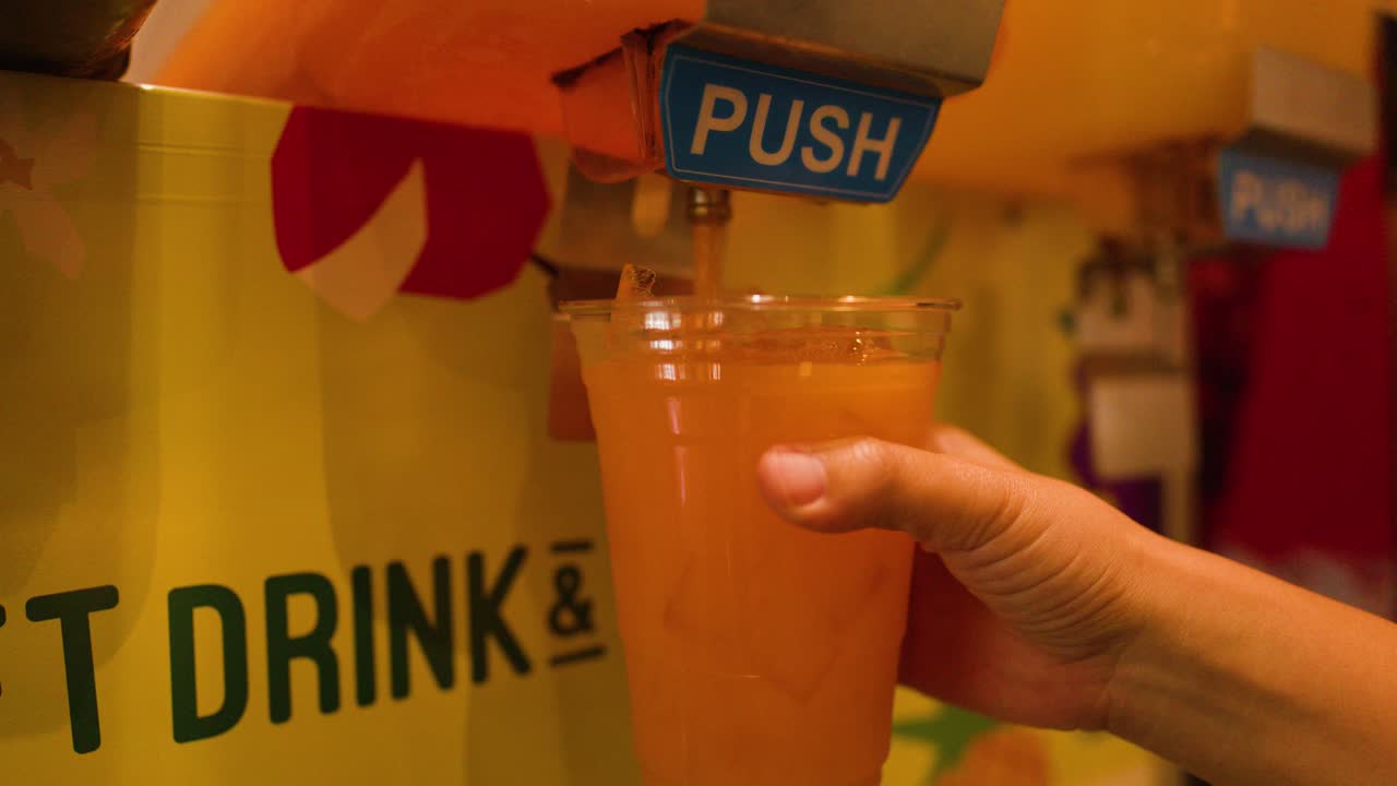 Hand fills plastic cup with iced orange beverage from drink dispenser, warm indoor lighting, close-up