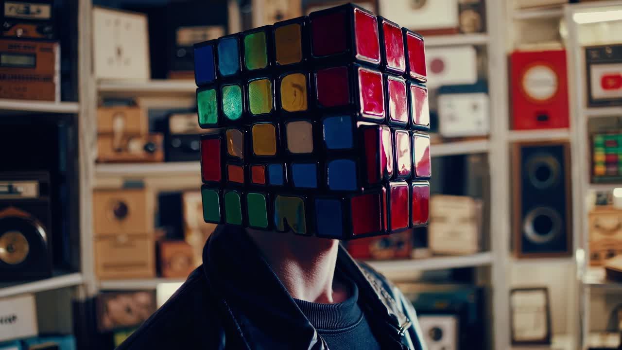 Mysterious person wearing a colorful cube mask stands in a vintage shop full of old electronic devices, creating a surreal and intriguing atmosphere