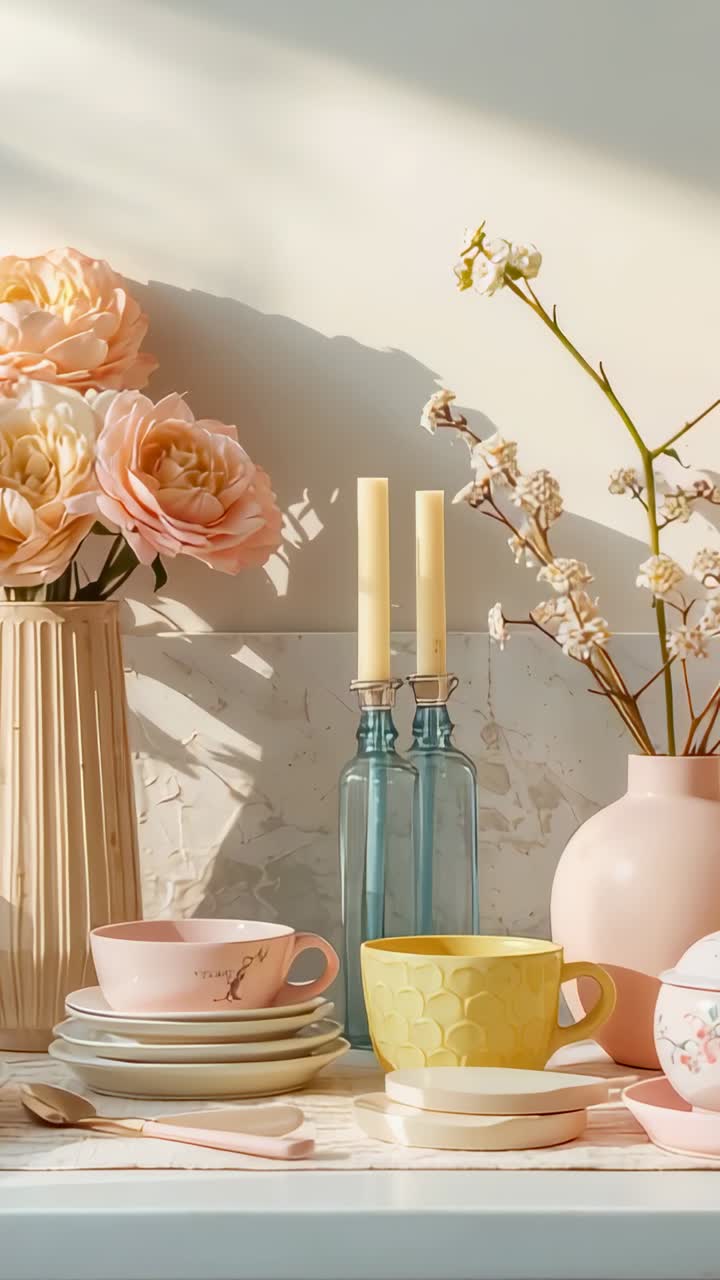 Vidéo verticale : la lumière du soleil entrant en haut à gauche glisse sur le dessus de la table, révélant des roses et une tasse à thé
