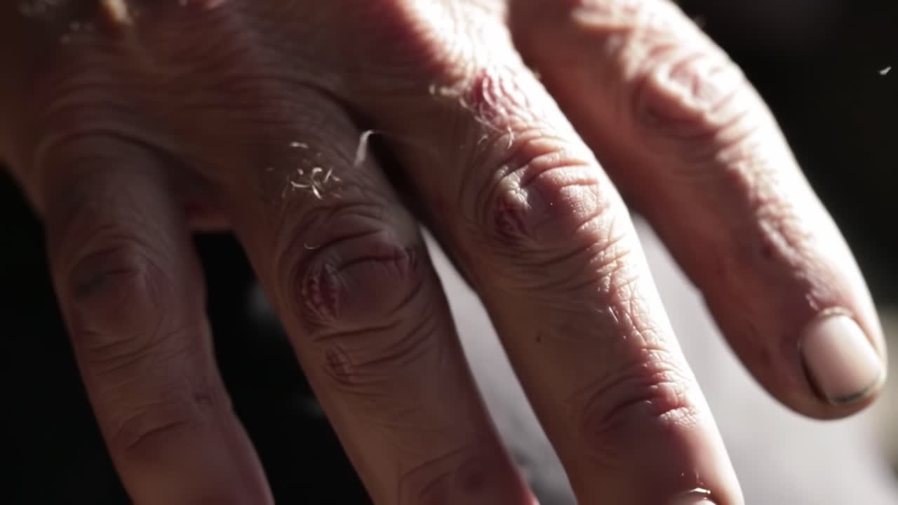 Close-Up of a Weathered Hand Showing Signs of Age and Experience with Prominent Veins, Wrinkles, and Damaged Skin in Natural Light