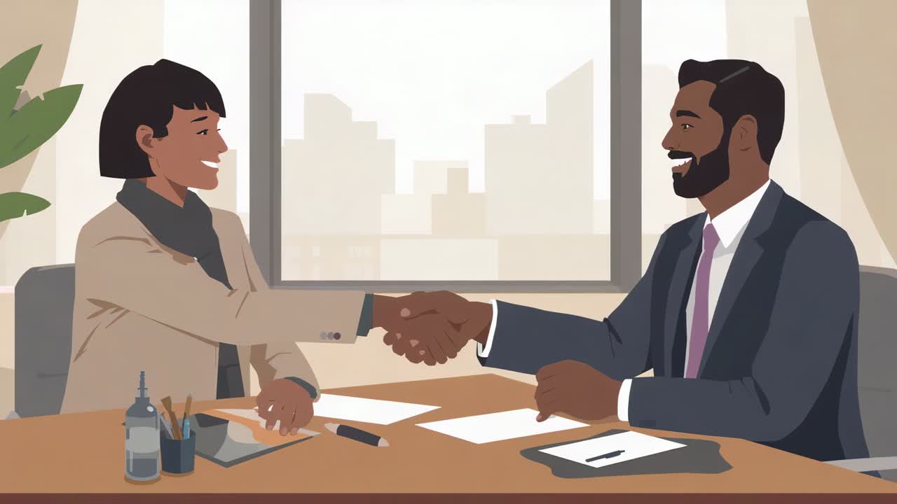 Shaking hands after signing papers, two professionals wearing blazer and suit at office desk