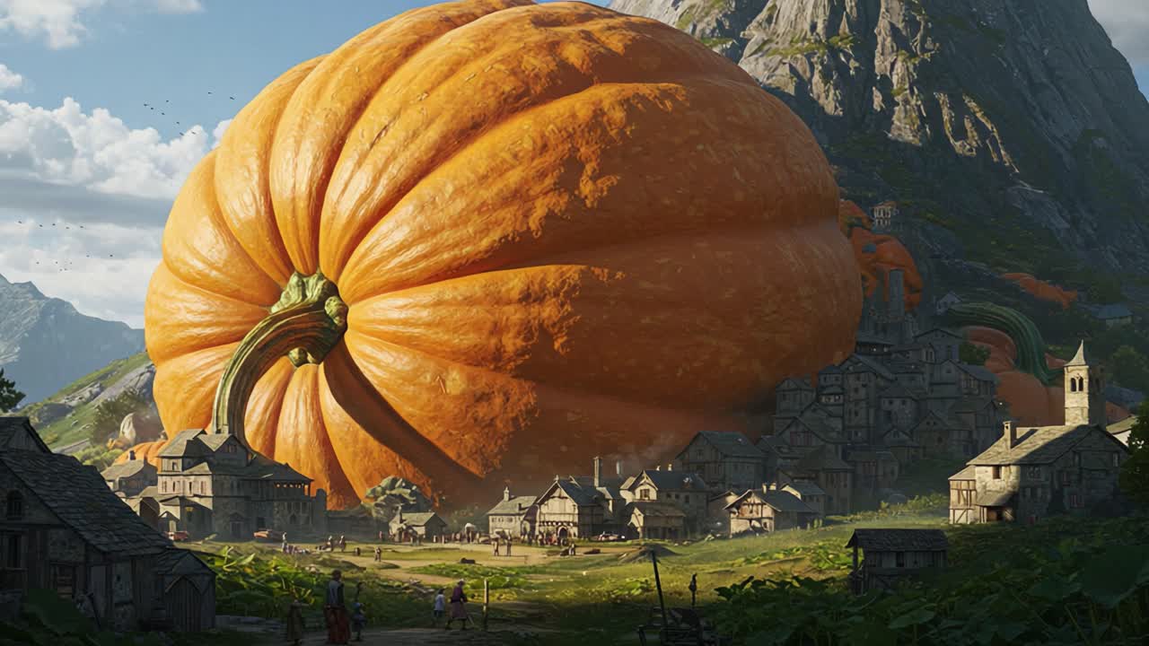 Giant Orange Pumpkin Overlooking a Quaint Village Surrounded by Majestic Mountains and Lush Greenery, Captured in Stunning Detail and Vivid Colors